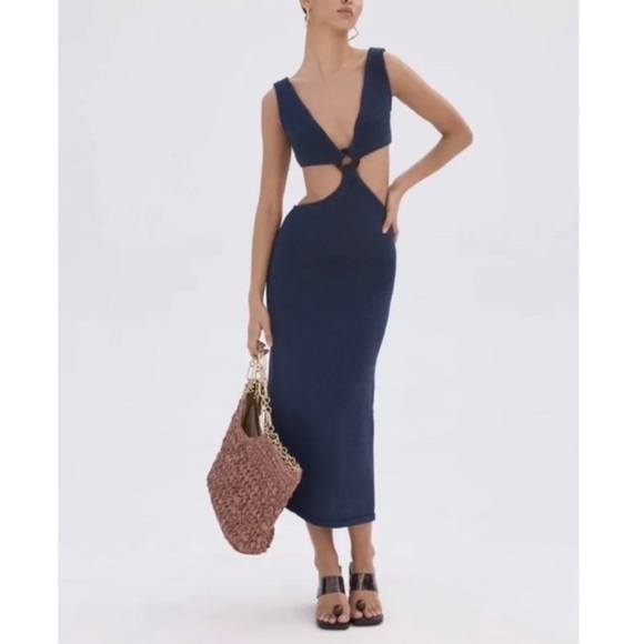 CULT GAIA Bank Embellished Cutout Cotton-Blend Midi Dress - Blue - Picture 1 of 7